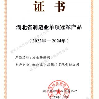 湖北省制造業(yè)單項(xiàng)冠軍證書